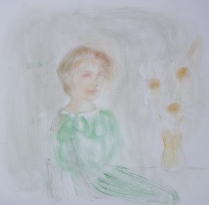 Elisa Filomena-Donna con vaso di fiori, pastelli e grafite su carta 40x40cm 2017