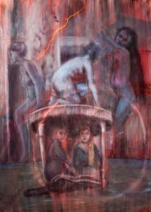 Elisa Filomena - La casa è infestata, acrilico e pastelli su tela, 140x120cm, 2016