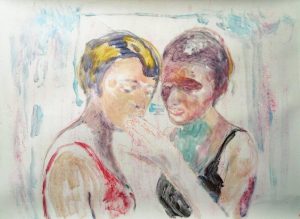 Elisa Filomena - Nuotatrici fumatrici, acrilico e pastelli su carta, 60x70cm, 2018