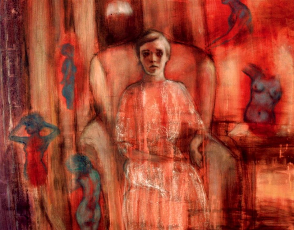Elisa Filomena, copertina dipinti 2016 - Donna e i suoi fantasmi, acrilico e pastelli su tela, 110x100cm